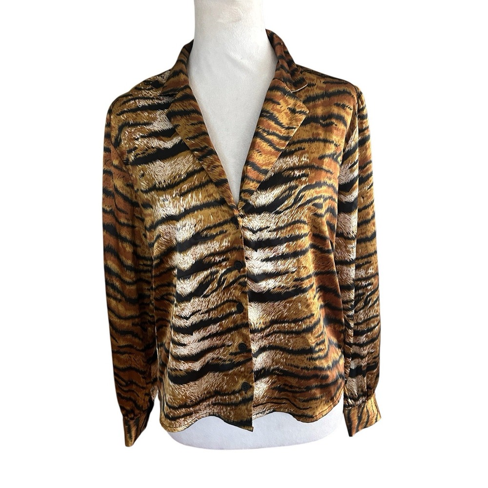 Topshop Tiger Animal Print Satin Long Sleeve Button Down Shirt Top Size US 4